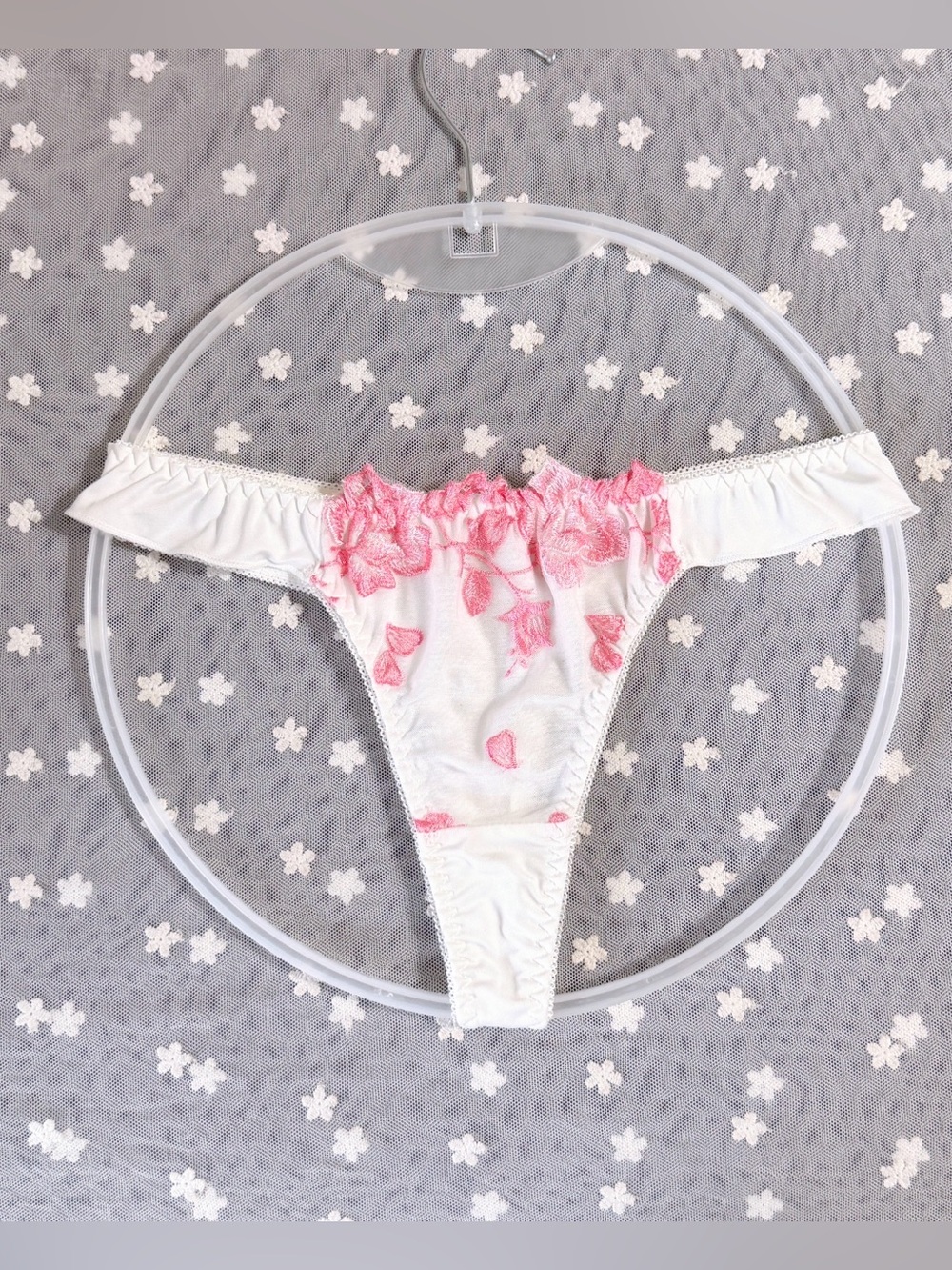 US-S/JP-M Japanese Brand Pink Rose Embroidered Ruffle Smooth Nylon Thong Panty